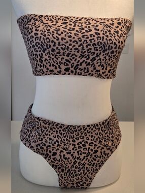 SHEIN Leopard Print Bandeau Bikini Set in Tan and Black